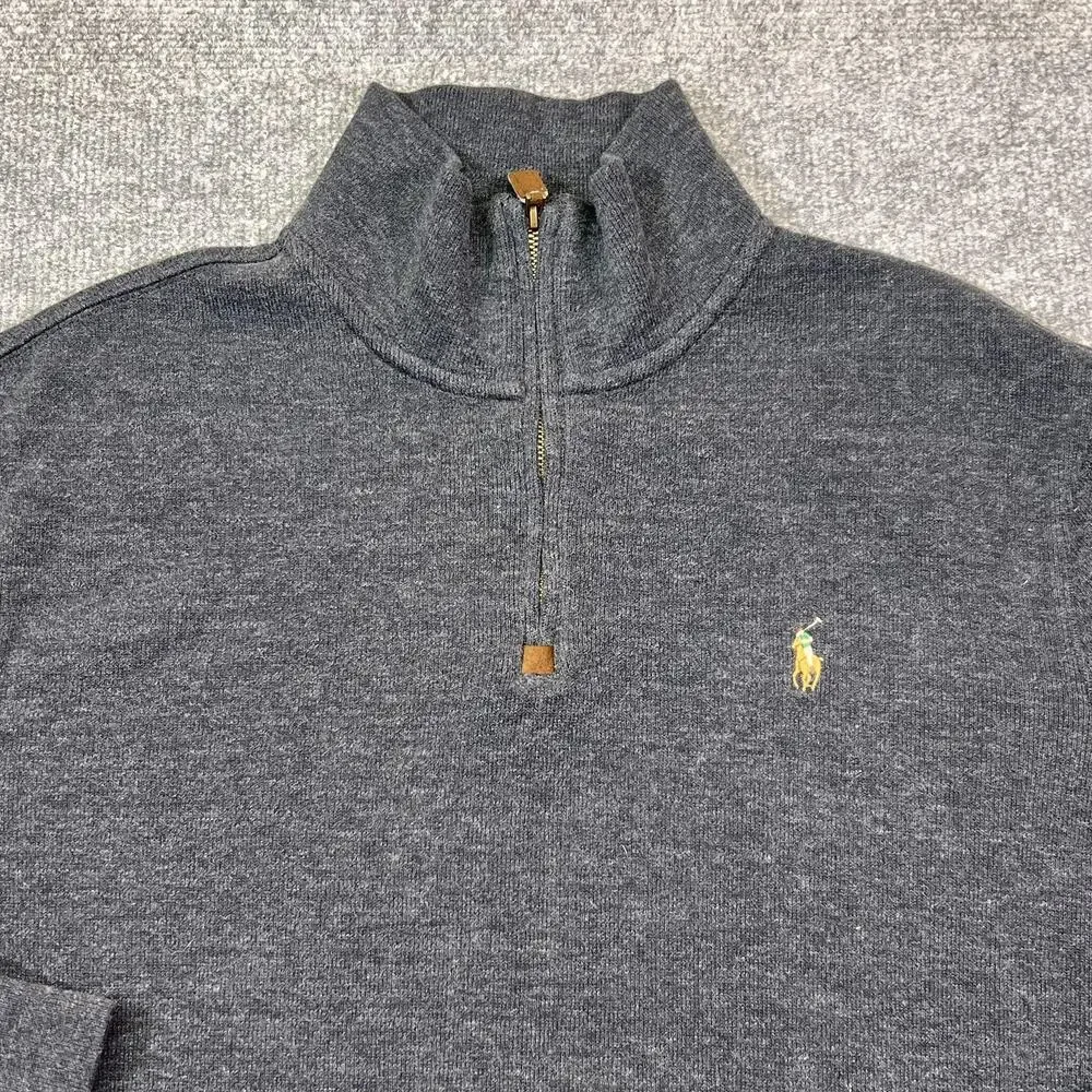 Polo Ralph Lauren Sweater Mens Large Gray Cotton 1/4 Zip Mock Neck Pullover Logo